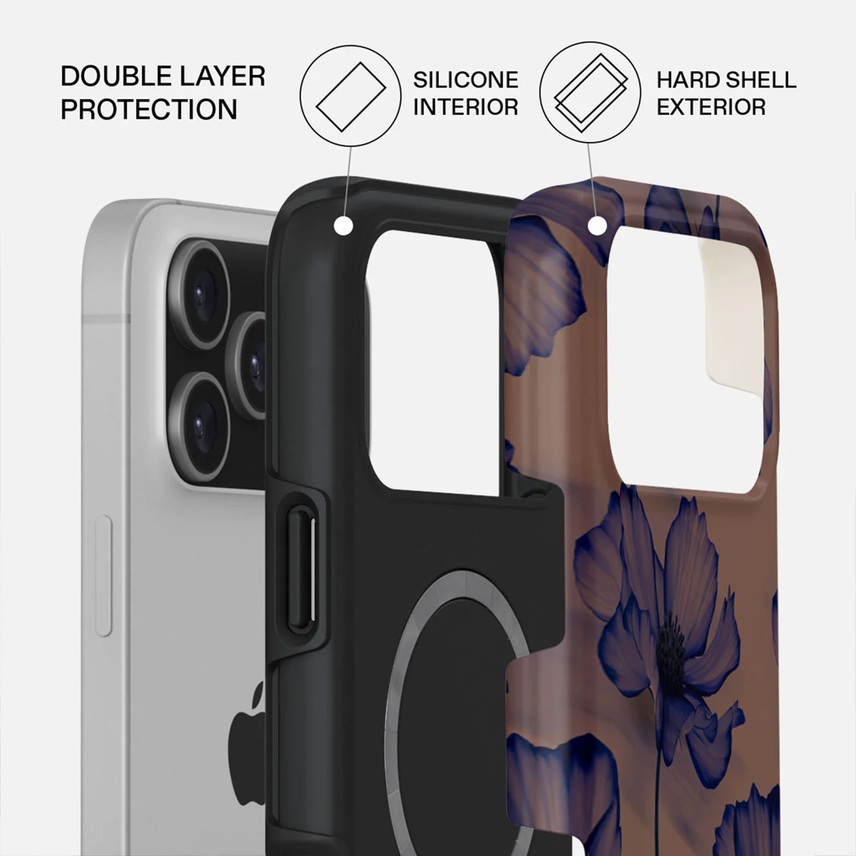 Telefoonhoesje met bloemenontwerp, met dubbellaagse bescherming. Siliconen binnenkant en harde schaal buitenkant. Telefoon links.