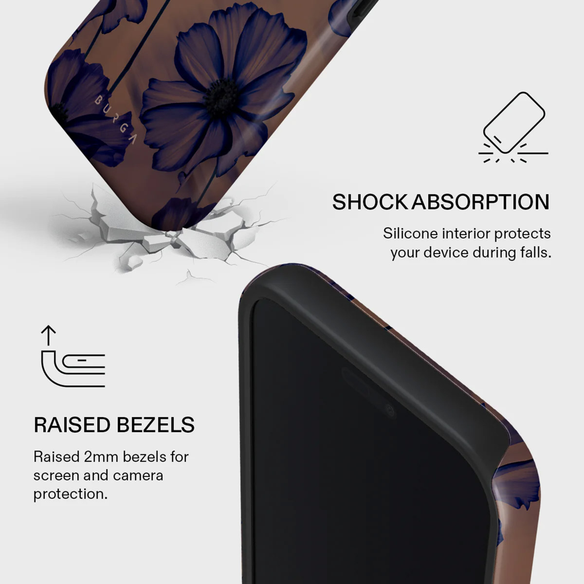 Telefoonhoesje met blauw bloemmotief. Kenmerken zijn verhoogde randen en schokabsorptie. Tekst benadrukt scherm- en camerabescherming.