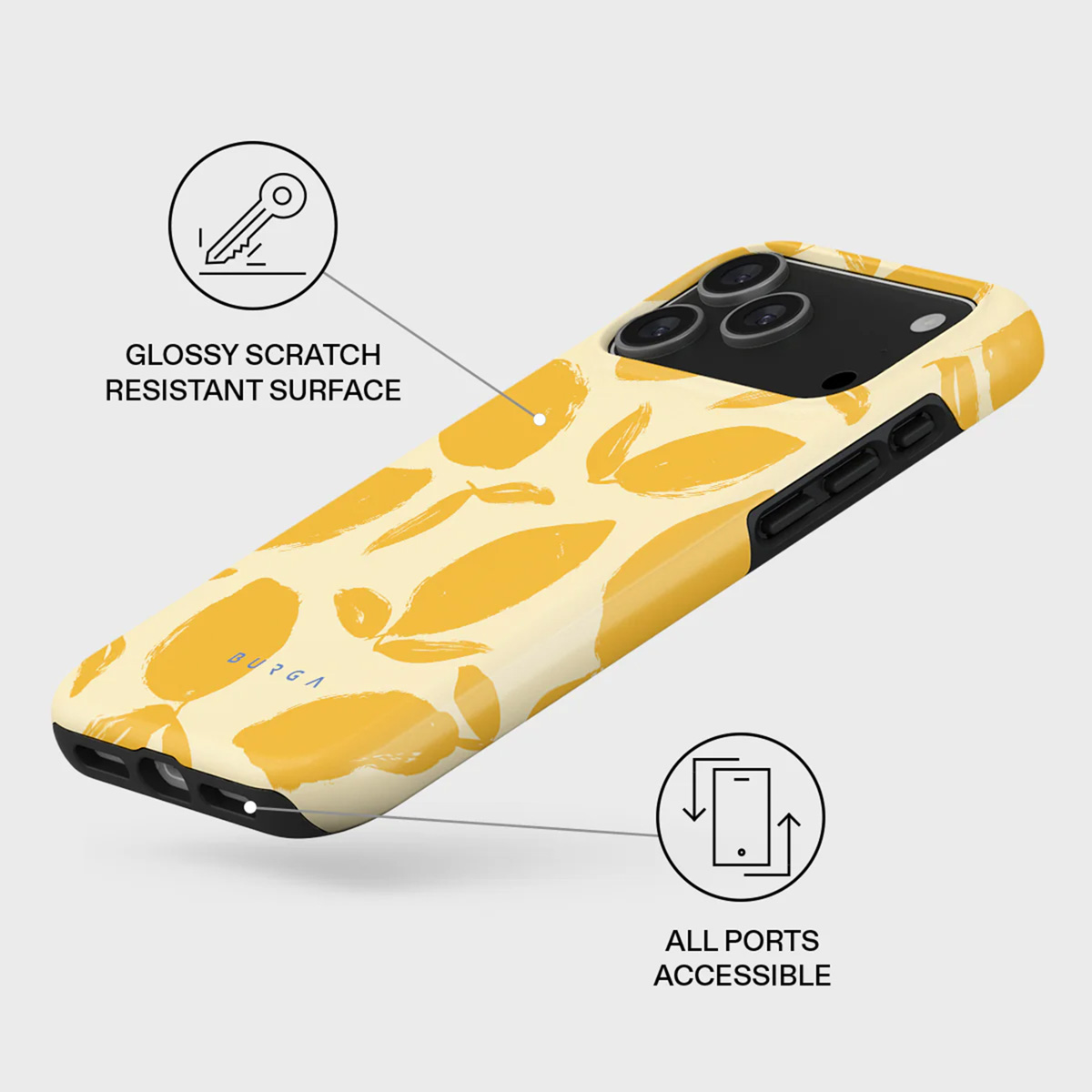 Phone case with yellow leaf pattern on a cream background. Black camera and side buttons. Glossy surface and accessible ports.