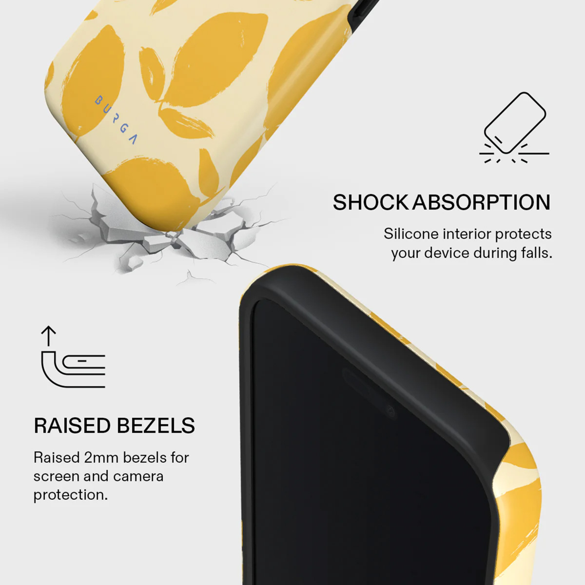 Phone case with yellow leaf design, shown with raised bezels and shock absorption features. Cracks indicate impact protection.