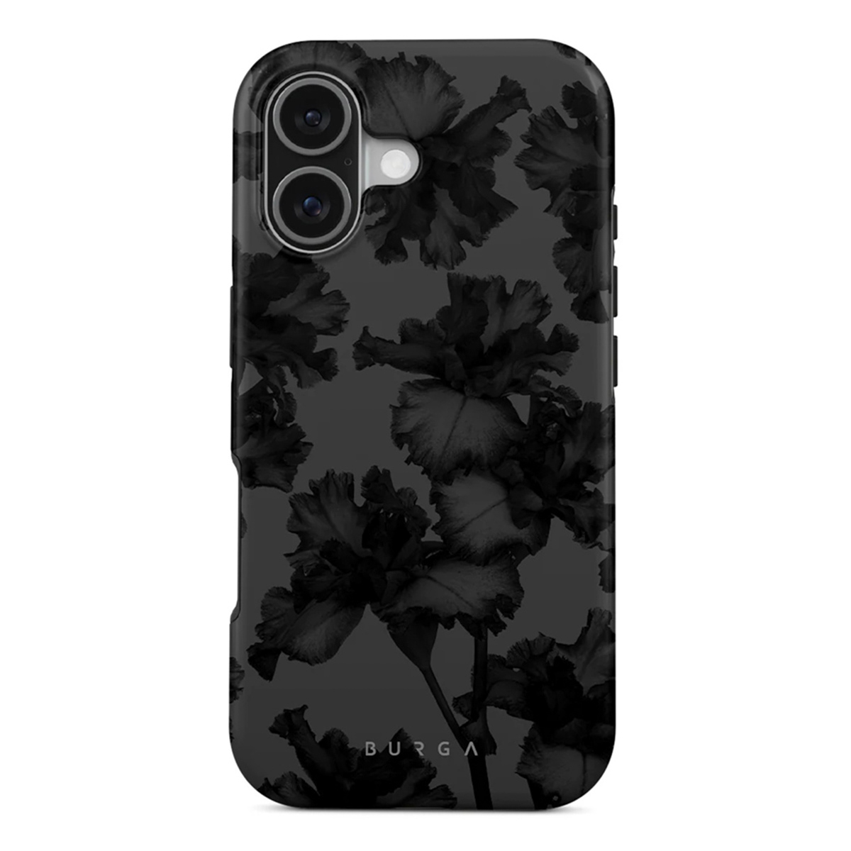 Coque de téléphone noire avec motif floral sombre. La coque a une découpe pour l'appareil photo et le mot BURGA en bas.