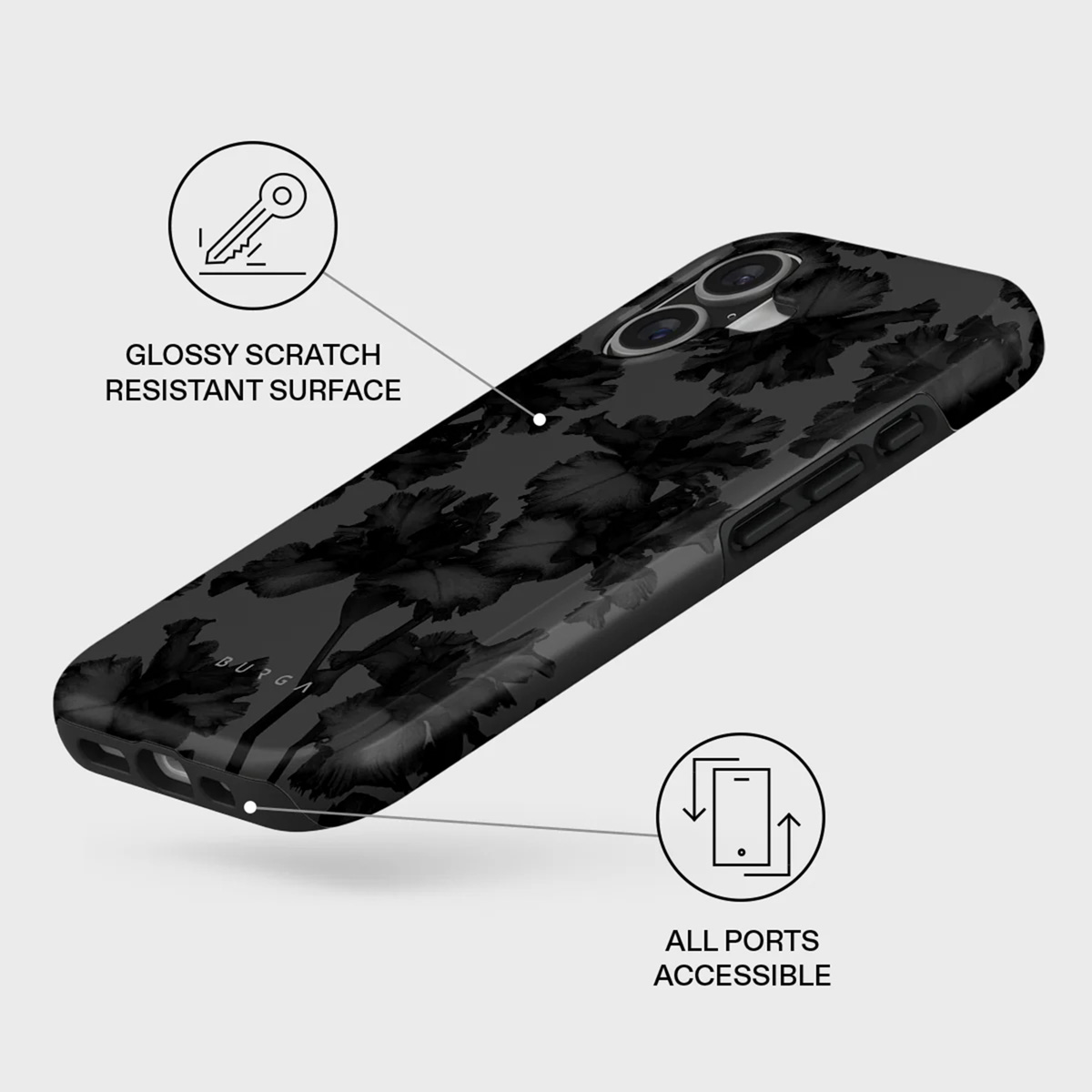 Coque de téléphone noire avec motif floral. Caractéristiques : surface brillante, accessibilité des ports et résistance aux rayures.