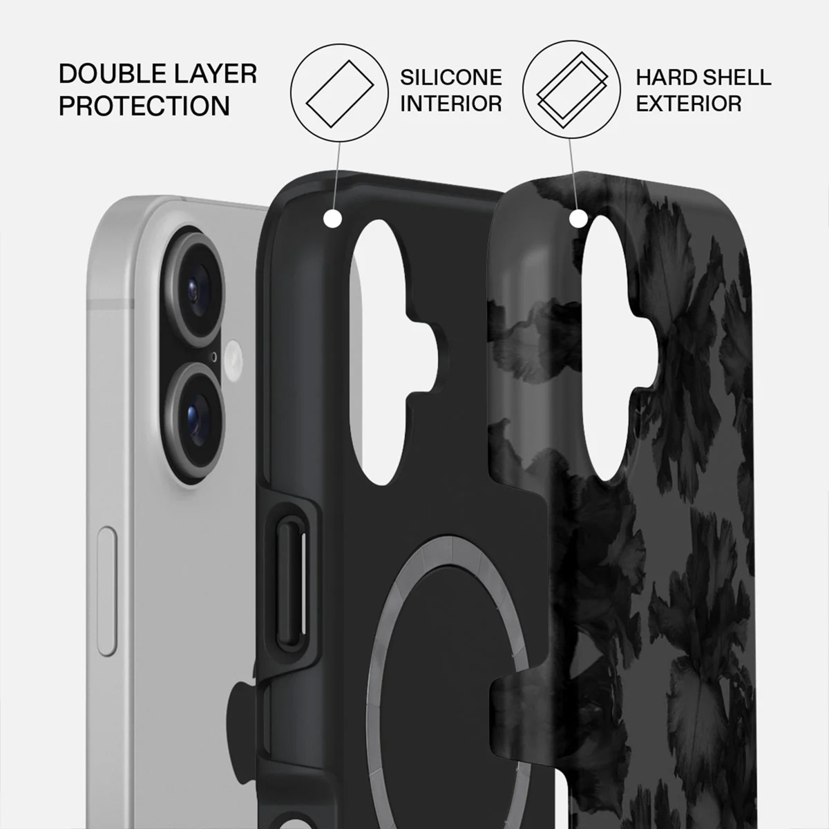 Coque de téléphone montrant les couches : téléphone, intérieur en silicone noir et extérieur en coque dure florale. Texte : protection double couche.