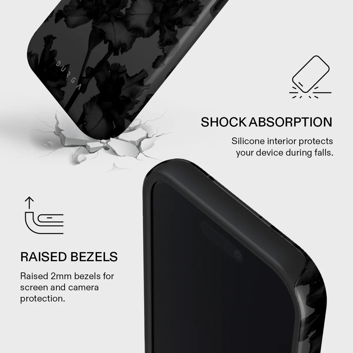 Coque de téléphone noire avec motif floral. Dispose de rebords surélevés et d'une absorption des chocs en silicone.