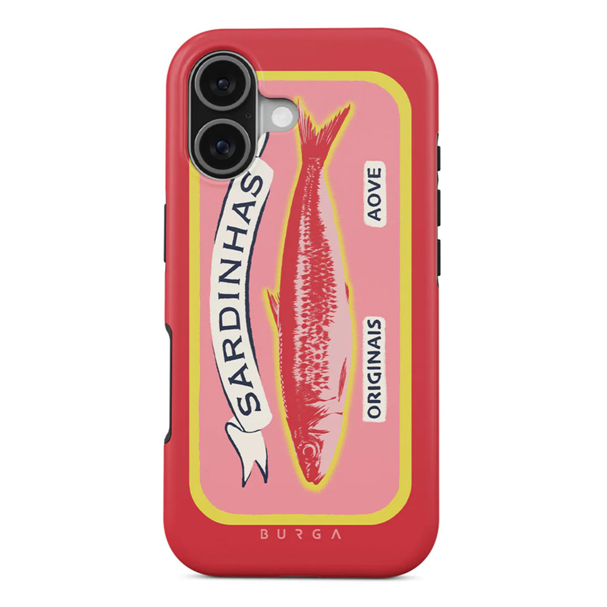 Une coque de téléphone avec un design de boîte de sardines. Un poisson rouge au centre, avec du texte en portugais.