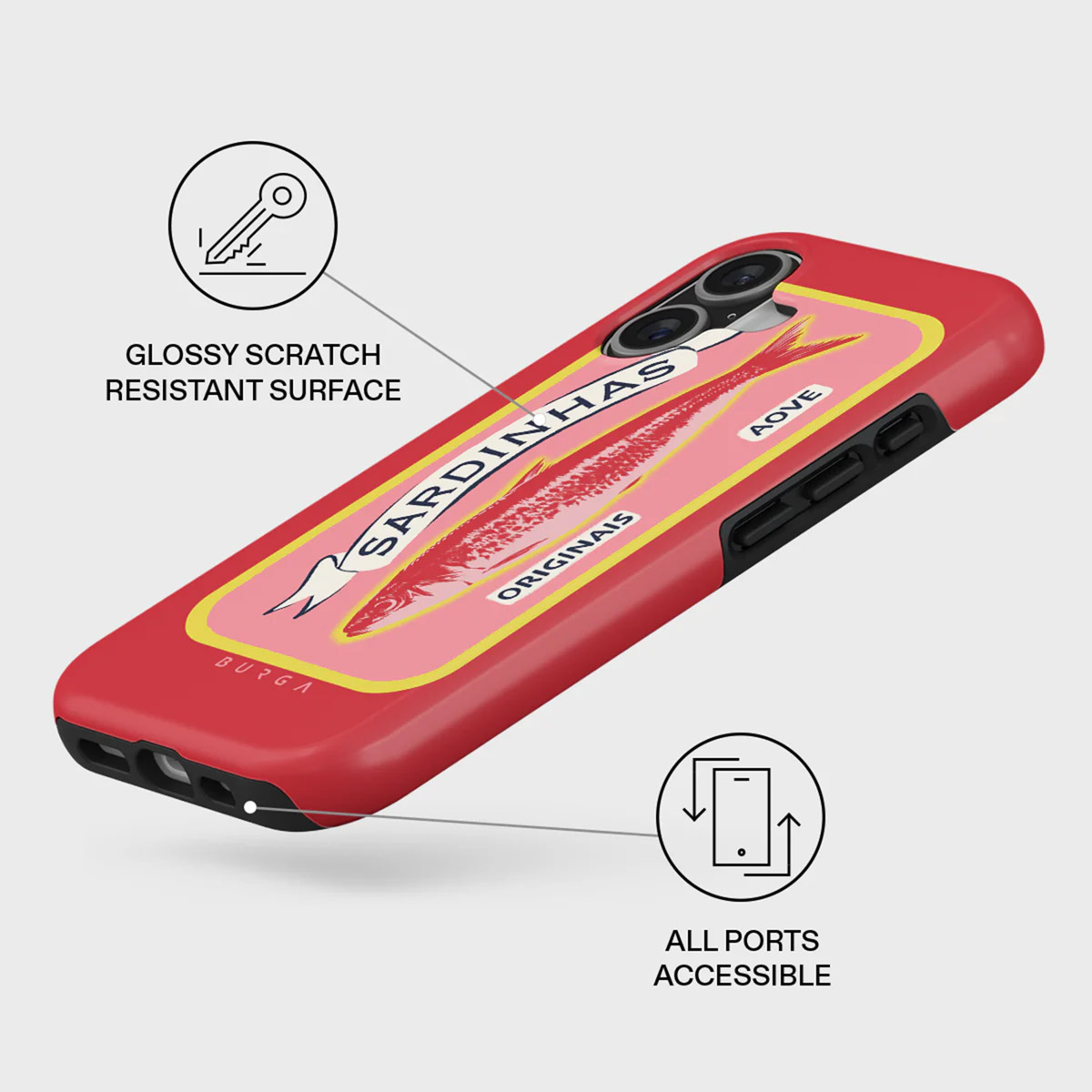 Une coque de téléphone rouge avec un motif d'étiquette de sardines. Le texte indique 'Sardinhas'. Elle a une surface brillante et résistante aux rayures.