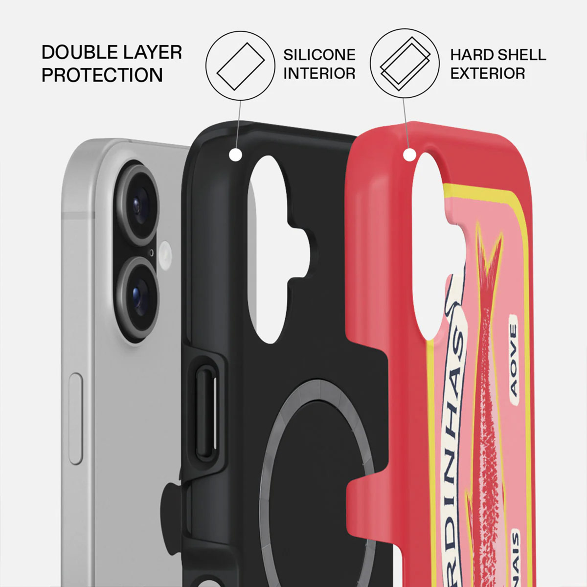 Un iPhone est présenté avec une coque de protection double couche. La coque a un intérieur en silicone et un extérieur rigide.