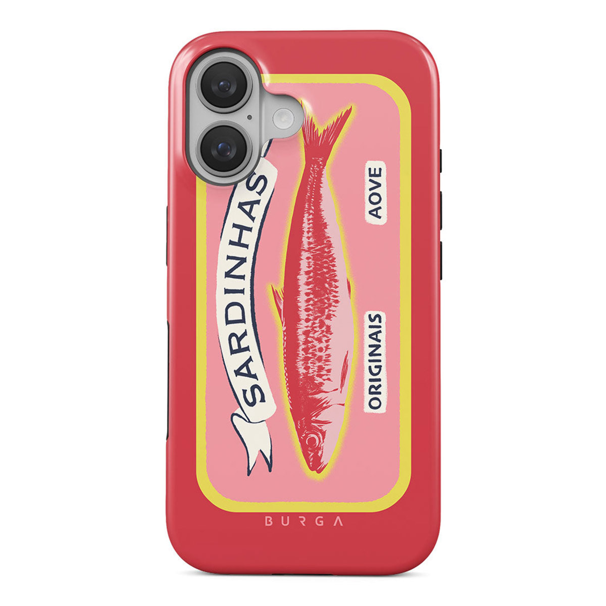 Une coque d'iPhone avec un design de boîte de sardines. La coque est rouge avec une étiquette rose et jaune représentant un poisson.