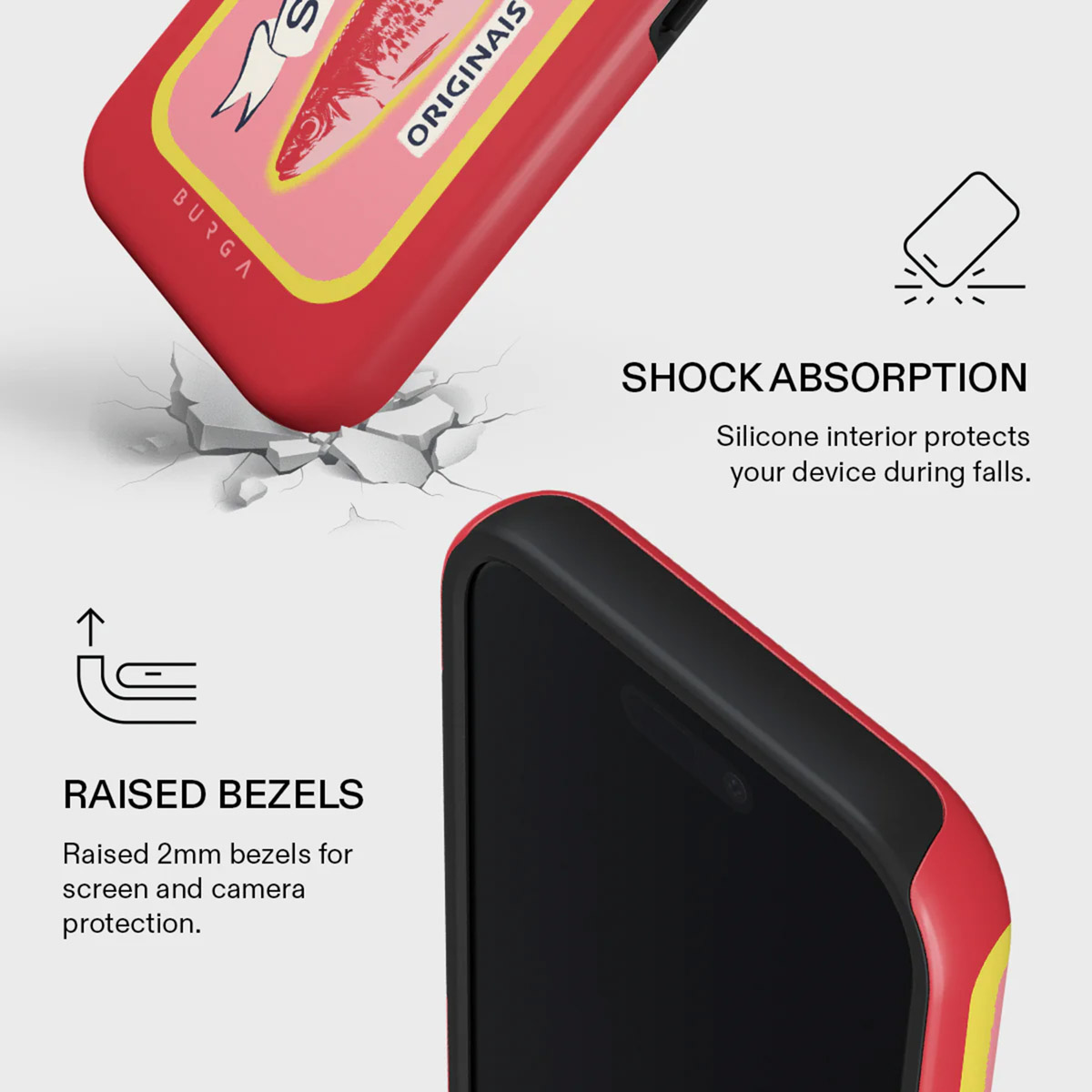 Une coque de téléphone rouge avec un motif de poisson. Le texte détaille l'absorption des chocs et les rebords surélevés pour la protection de l'écran et de la caméra.