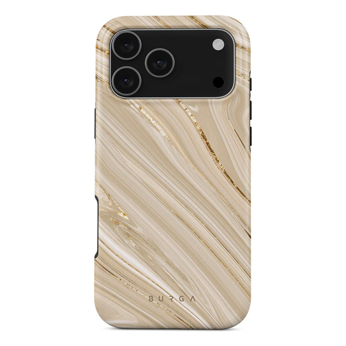 Een telefoonhoesje met een marmeren design. Het heeft een beige en goudkleurig patroon. De hoes heeft een cameramodule aan de bovenkant en het merk 'BURGA' onderaan.
