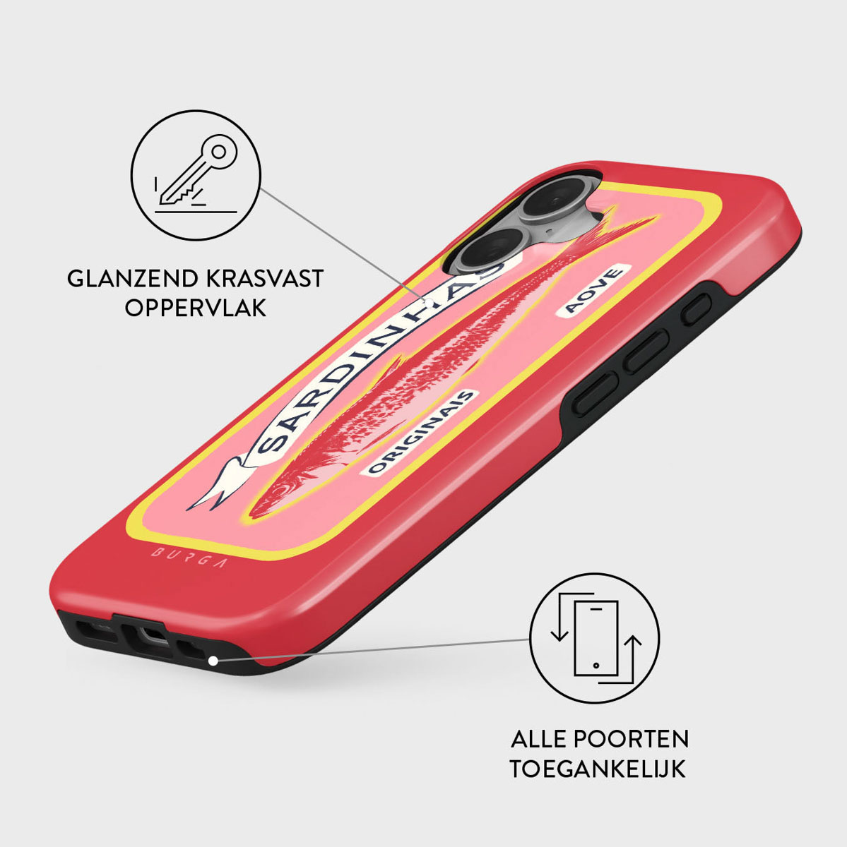 Une coque de téléphone avec un design de boîte de sardines. Elle est rouge avec une étiquette rose et un bord jaune. Il y a aussi du texte et des icônes.