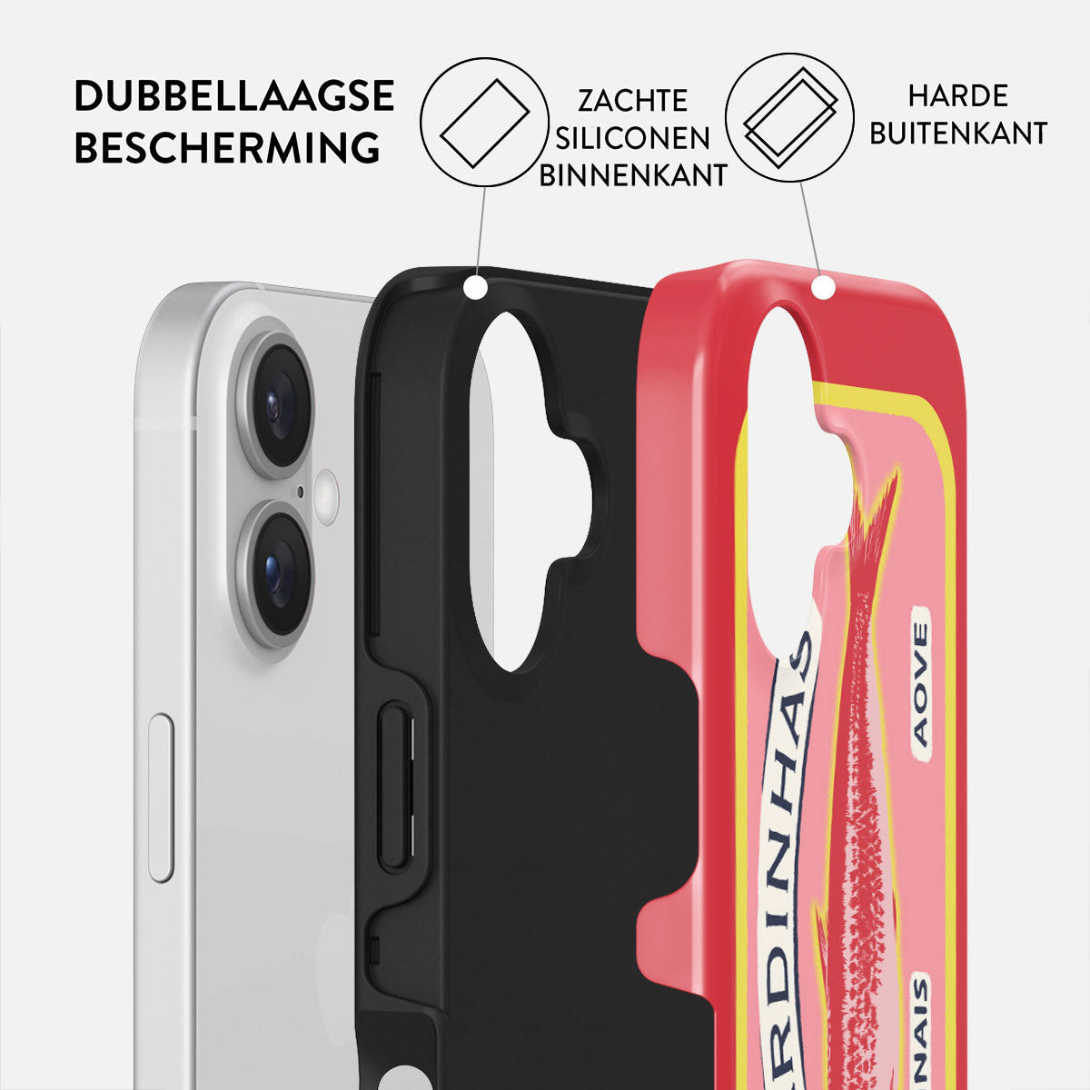 Coque de téléphone à double couche de protection. Téléphone blanc à gauche, coque intérieure noire et coque extérieure rouge avec une étiquette de sardines.