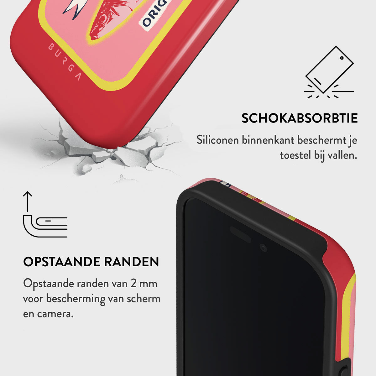 Une coque de téléphone rouge avec un motif de homard, soulignant l'absorption des chocs et les bords surélevés pour protéger l'écran et l'appareil photo.