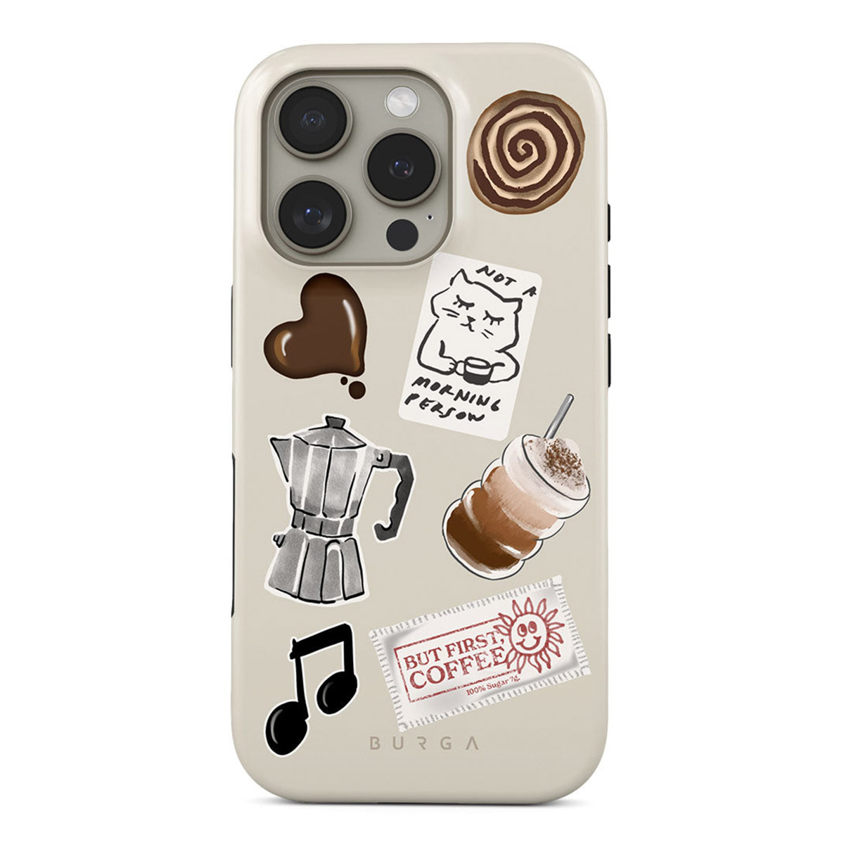 Telefoonhoesje met koffie-thema stickers: koffieboon, kat, koffiekopje, koffiepot, muzieknoot, kaneelbroodje en stempel.