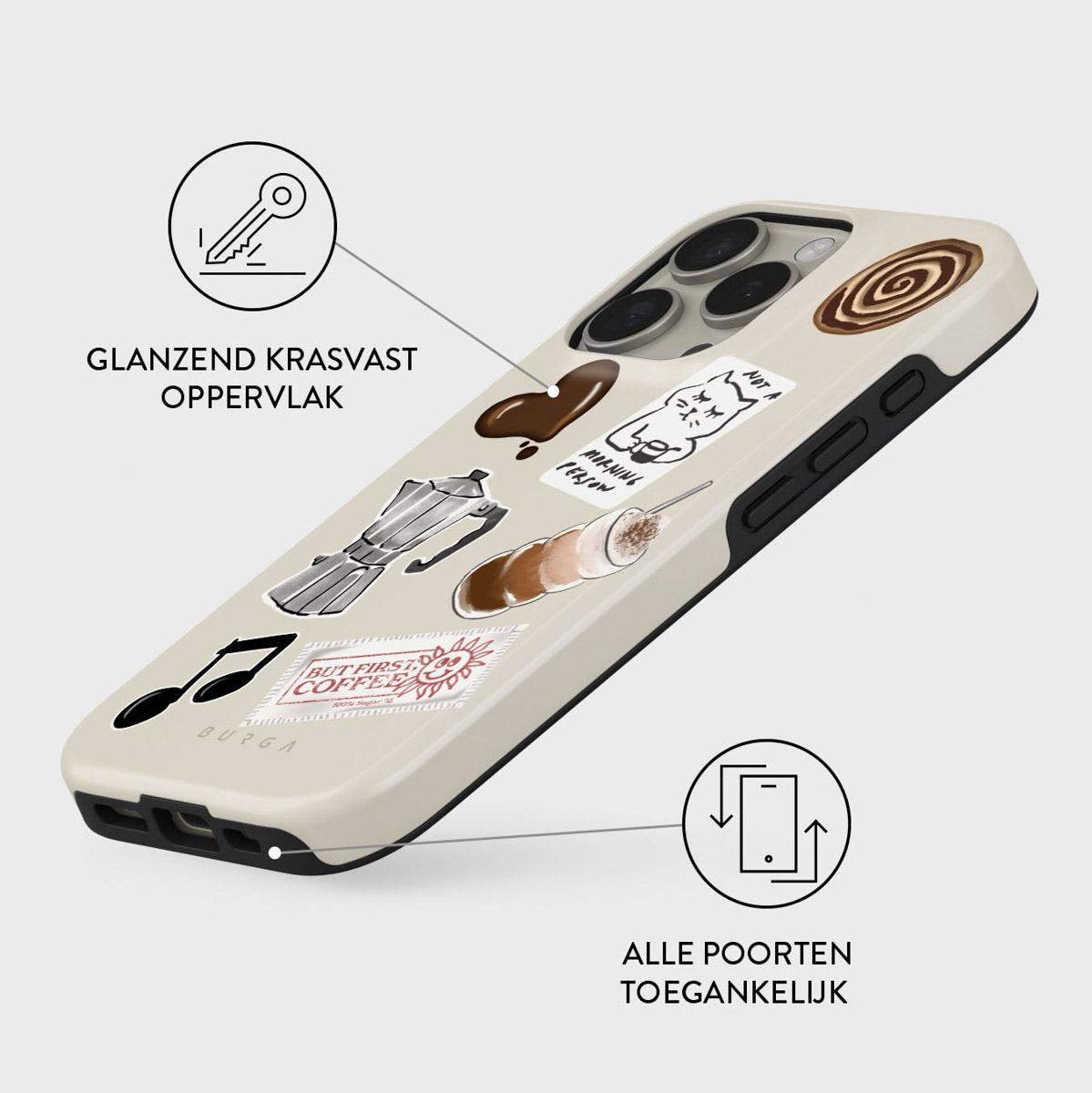 Een telefoonhoesje met koffie-thema stickers, waaronder een koffiepot en de tekst 'But first coffee'. De hoes heeft een lichtbeige kleur.