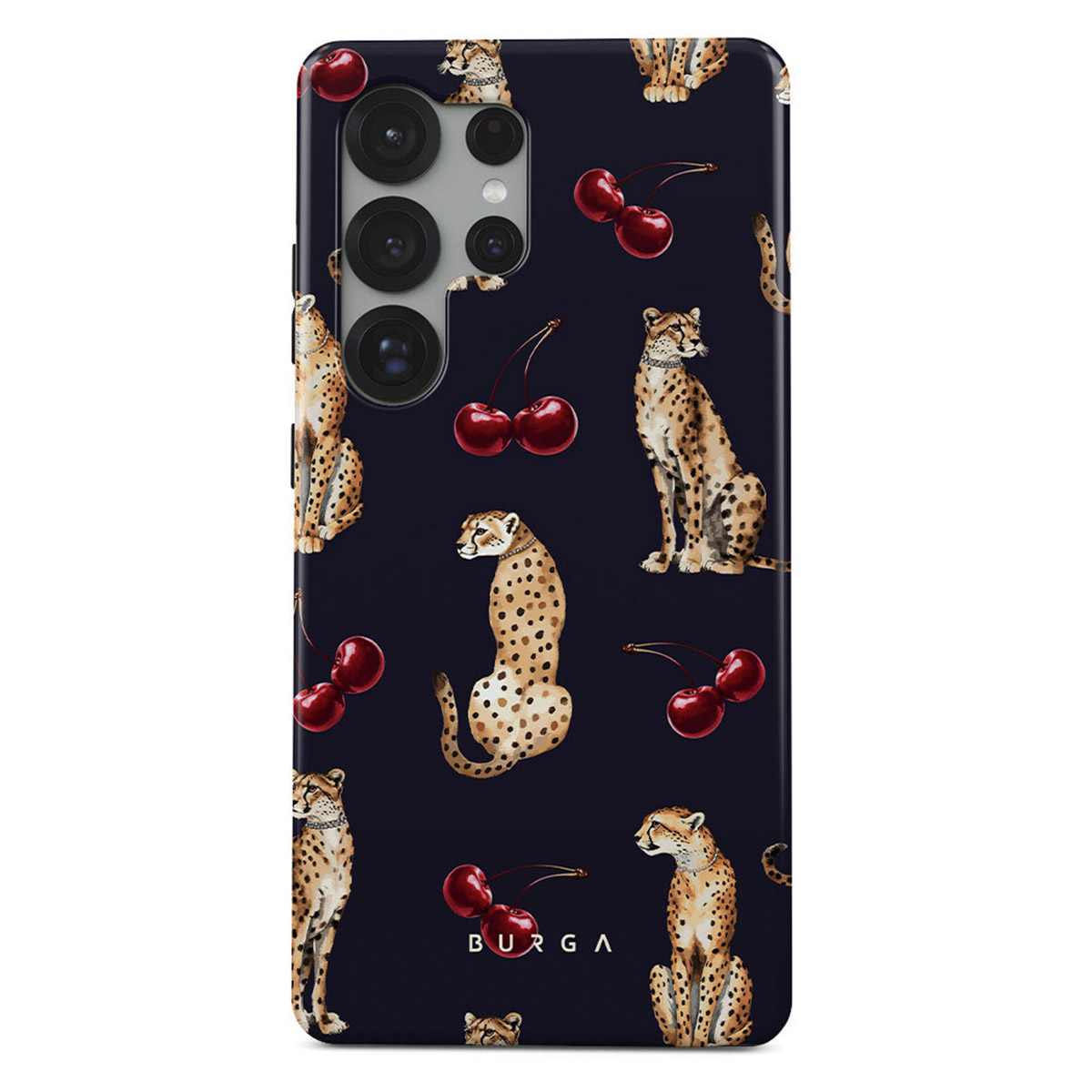 Telefoonhoesje met donkerblauwe achtergrond. Cheeta's met vlekken en kersen patroon op de hoes. De camera staat bovenaan.