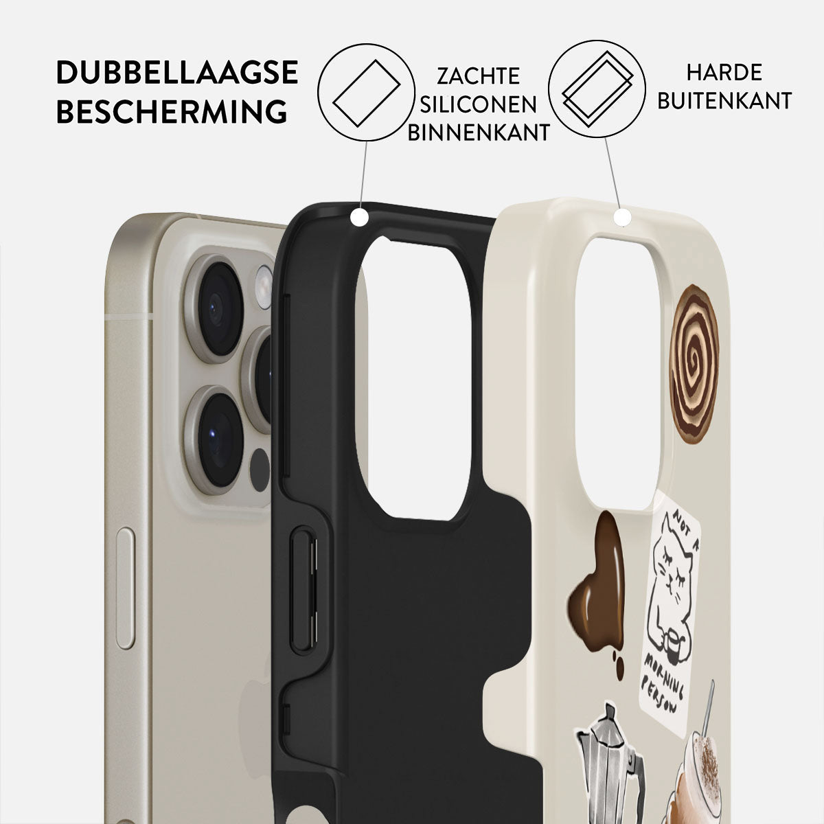 Telefoonhoesje met dubbellaagse bescherming. Beige buitenhoes met koffie-thema stickers, zwarte binnenhoes en een beige telefoon links.