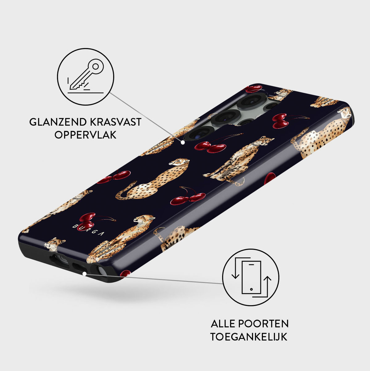 Telefoonhoesje met cheeta's en kersen op een donkerblauwe achtergrond. Tekst luidt 'GLANZENDE KRASVAST OPPERVLAK' en 'ALLE POORTEN TOEGANKELIJK'.