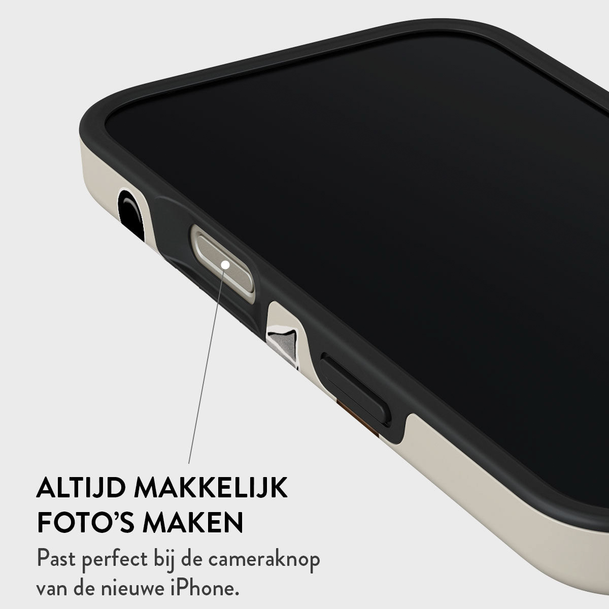 Close-up van een telefoonhoesje. Zwart scherm, beige en zwarte randen met knoppen. Tekst: Altijd gemakkelijk foto's maken, past op de cameraknop.