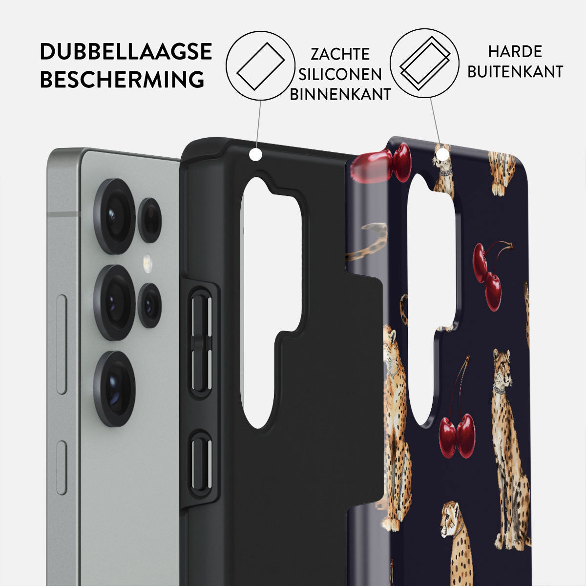 Telefoonhoesje met een cheetah- en kersendesign. De telefoon is zilver. De hoes is zwart en toont een dubbele beschermlaag.