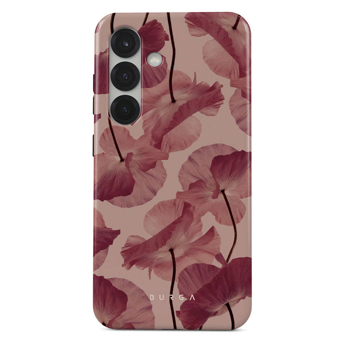 Telefoonhoesje met bloemenpatroon. Roze bloemen op een beige achtergrond. Drie cameralenzen zijn zichtbaar aan de zijkant.