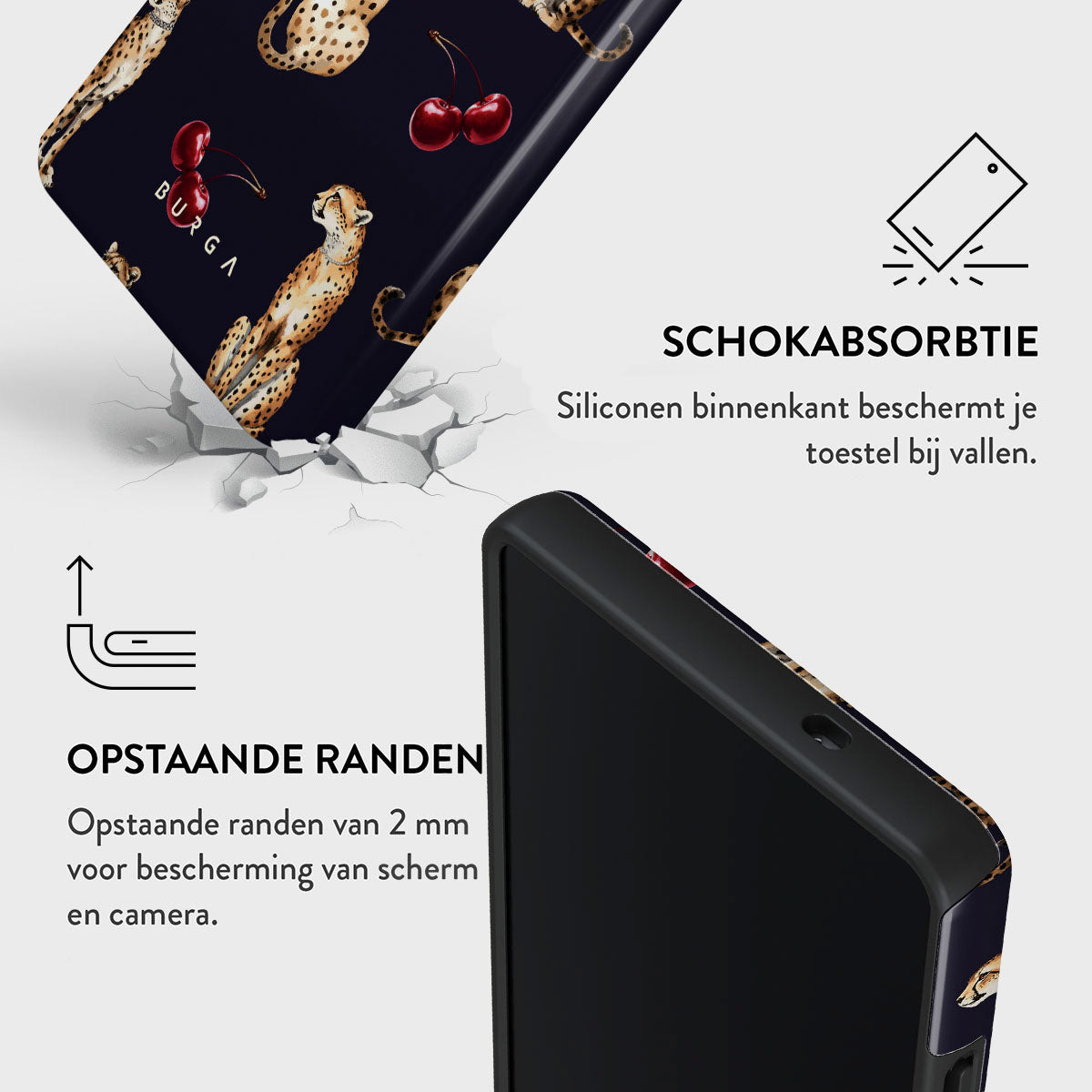Een telefoonhoesje met een luipaardprint en kersen wordt getoond. De hoes heeft opstaande randen voor scherm- en camerabescherming.