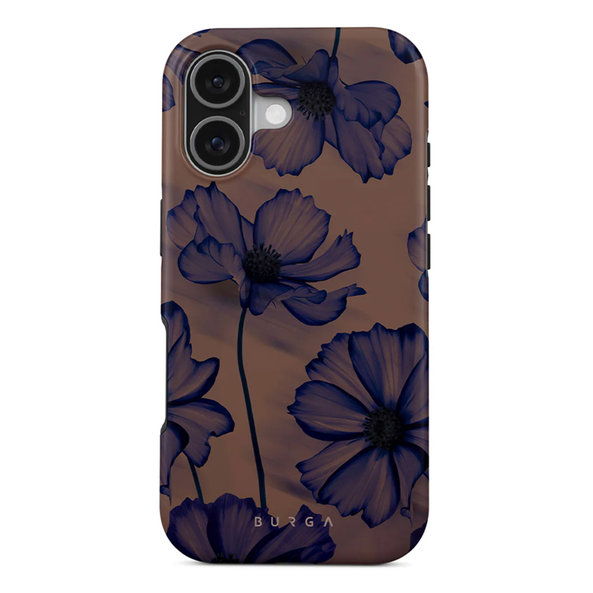 Telefoonhoesje met bloemenpatroon. Grote blauwe bloemen met donkere centra op een bruine achtergrond. De hoes heeft een camera-uitsparing.