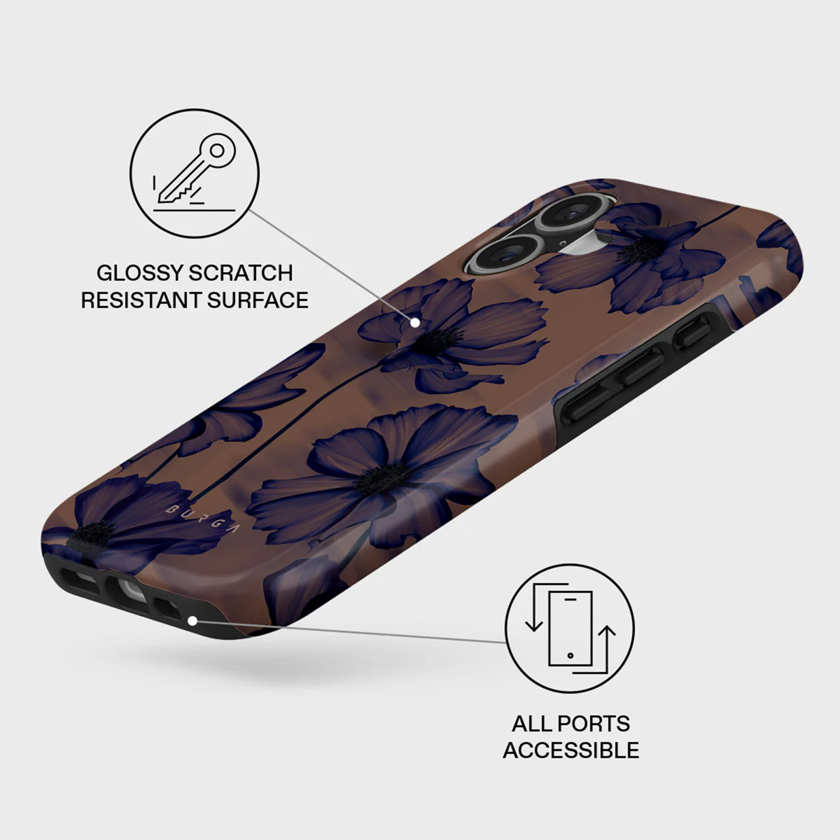 Een telefoonhoesje met een bloemenontwerp. Blauwe bloemen op een bruine achtergrond. Tekst: Glanzend krasbestendig oppervlak, alle poorten toegankelijk.