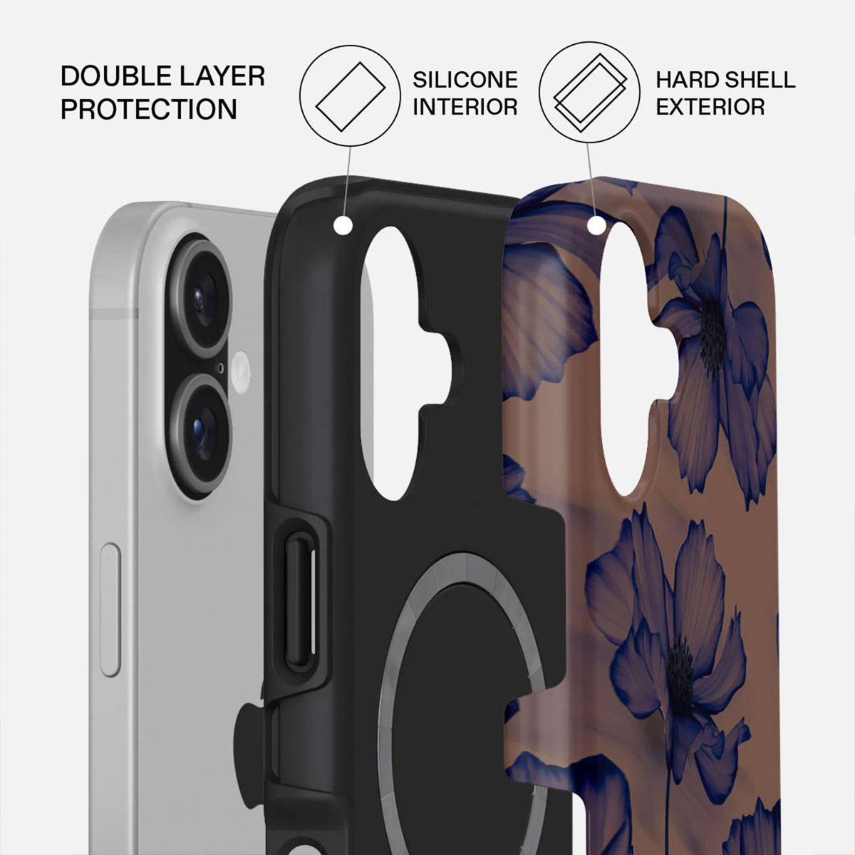 Telefoonhoeslagen: telefoon, zwart siliconen, bloemen harde schaal. Labels: Dubbellaagse bescherming, Siliconen binnenkant, Harde schaal buitenkant.