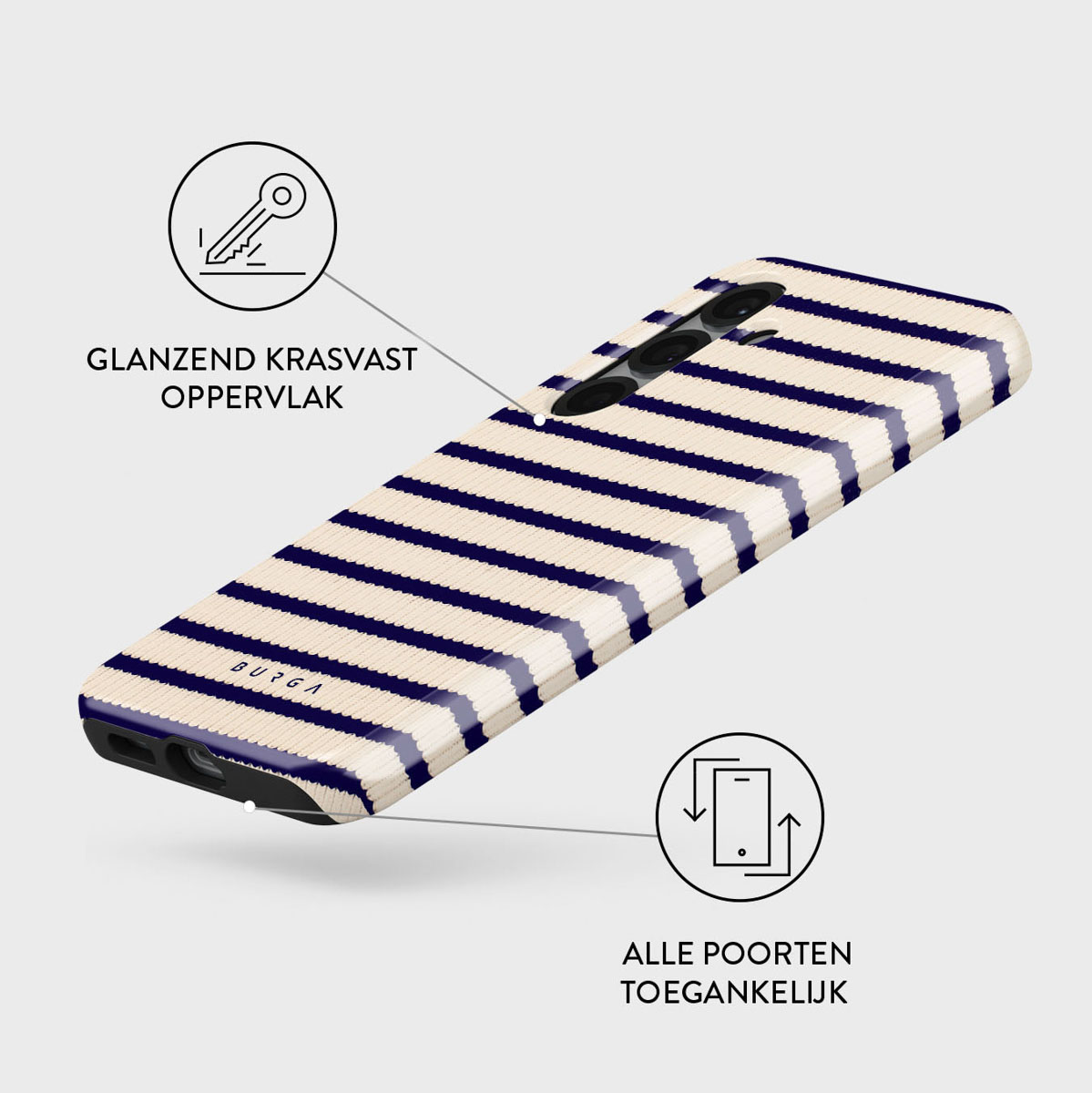 Een telefoonhoesje met crème en marineblauwe strepen. Het heeft een glanzend, krasbestendig oppervlak. Alle poorten zijn toegankelijk.