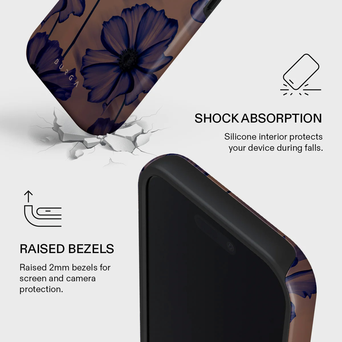 Close-up van een telefoonhoesje met bloemenontwerp. Tekst benadrukt schokabsorptie en verhoogde randen.