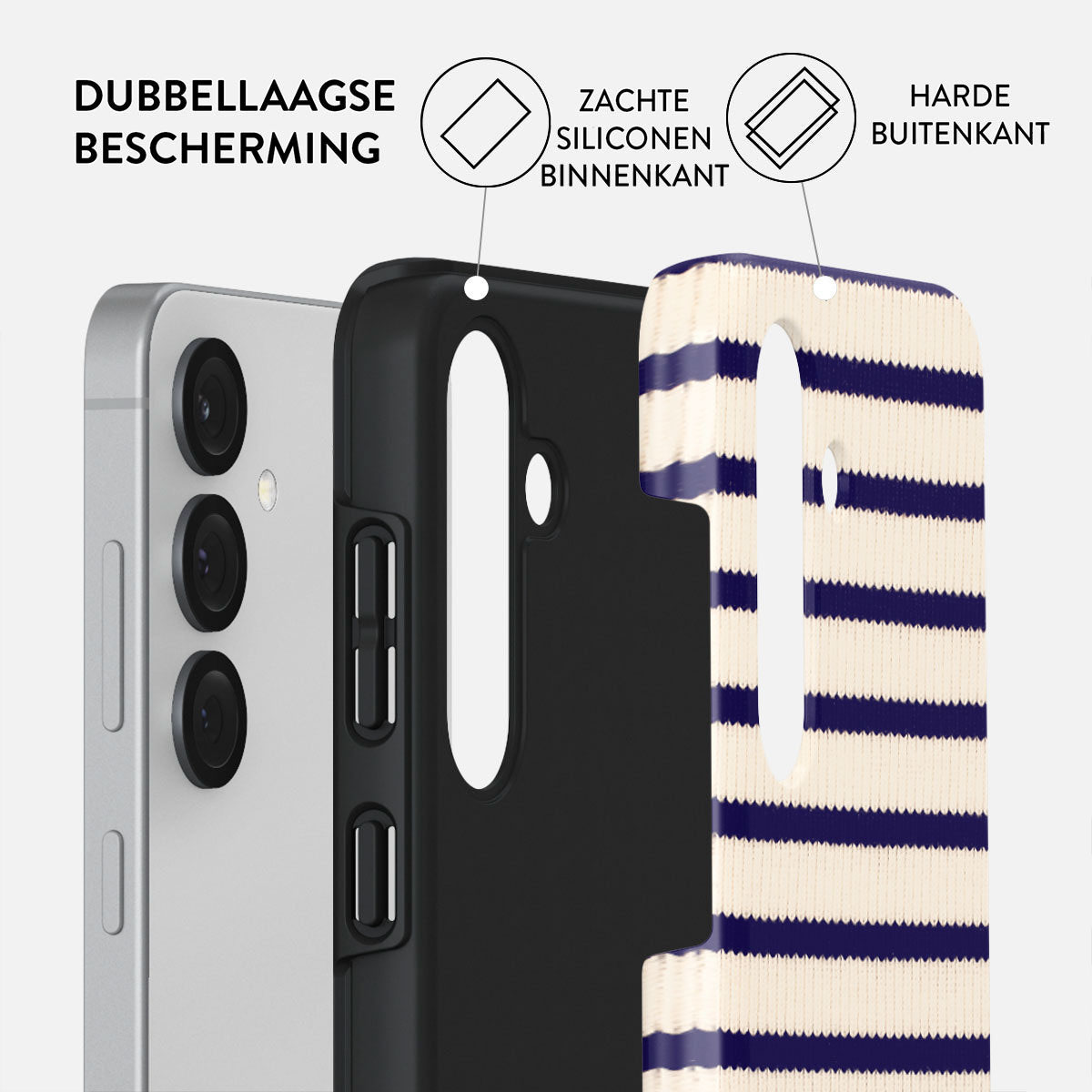 Telefoonhoeslagen: telefoon, zwarte hoes, gestreepte hoes. Tekst: dubbele bescherming, zachte siliconen binnenkant, harde buitenkant.