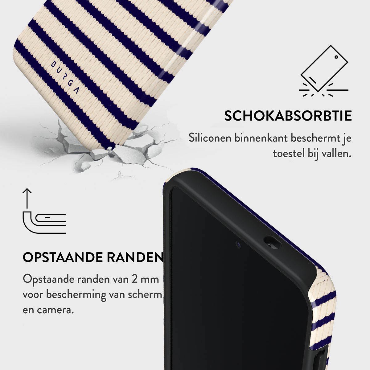 Een telefoonhoesje met blauwe strepen en zwart frame. Tekst beschrijft schokabsorptie en opstaande randen.