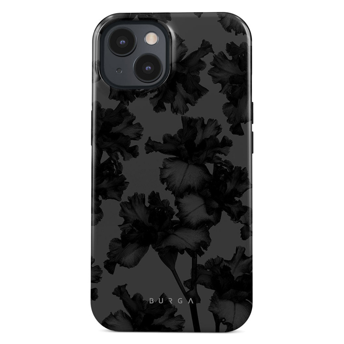 Zwarte telefoonhoes met een bloemenpatroon van donkere bloemen. De merknaam 'BURGA' staat onderaan. De telefoon heeft drie camera's.