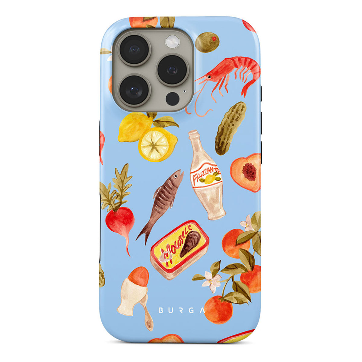 Coque de téléphone bleue avec illustrations d'aliments : crevettes, citron, poisson, moules, pêche, olives, cornichon, œuf, orange et bouteille.