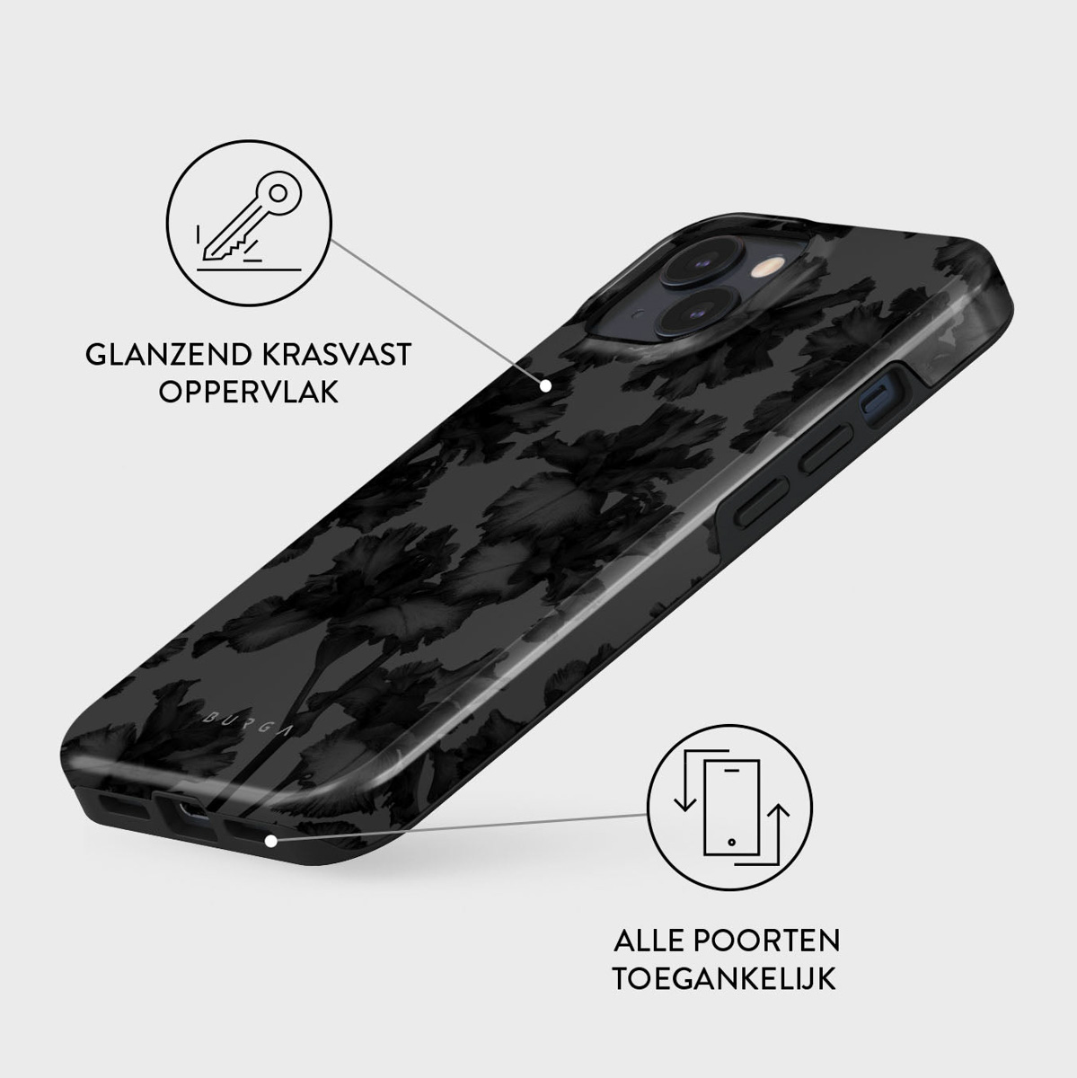 Zwarte telefoonhoes met bloemmotief. Nederlandse teksten duiden op glanzend oppervlak en toegankelijke poorten. Iconen benadrukken.