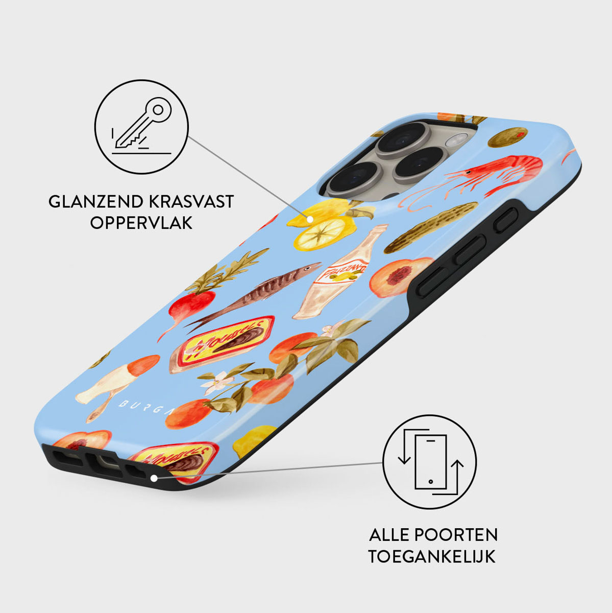 Une coque de téléphone avec des illustrations d'aliments, dont des pêches, des crevettes et des citrons sur fond bleu clair. Bord noir et fond blanc.