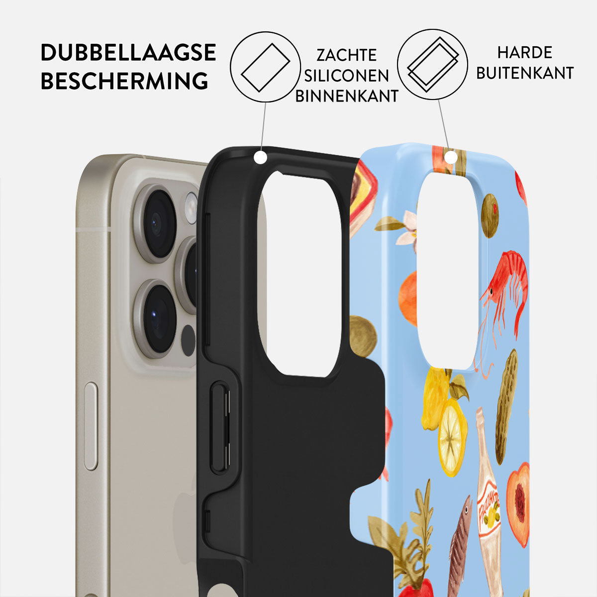 Coque de téléphone montrant une conception multicouche pour la protection. L'étui a un extérieur à motifs avec des illustrations de nourriture sur fond bleu clair.
