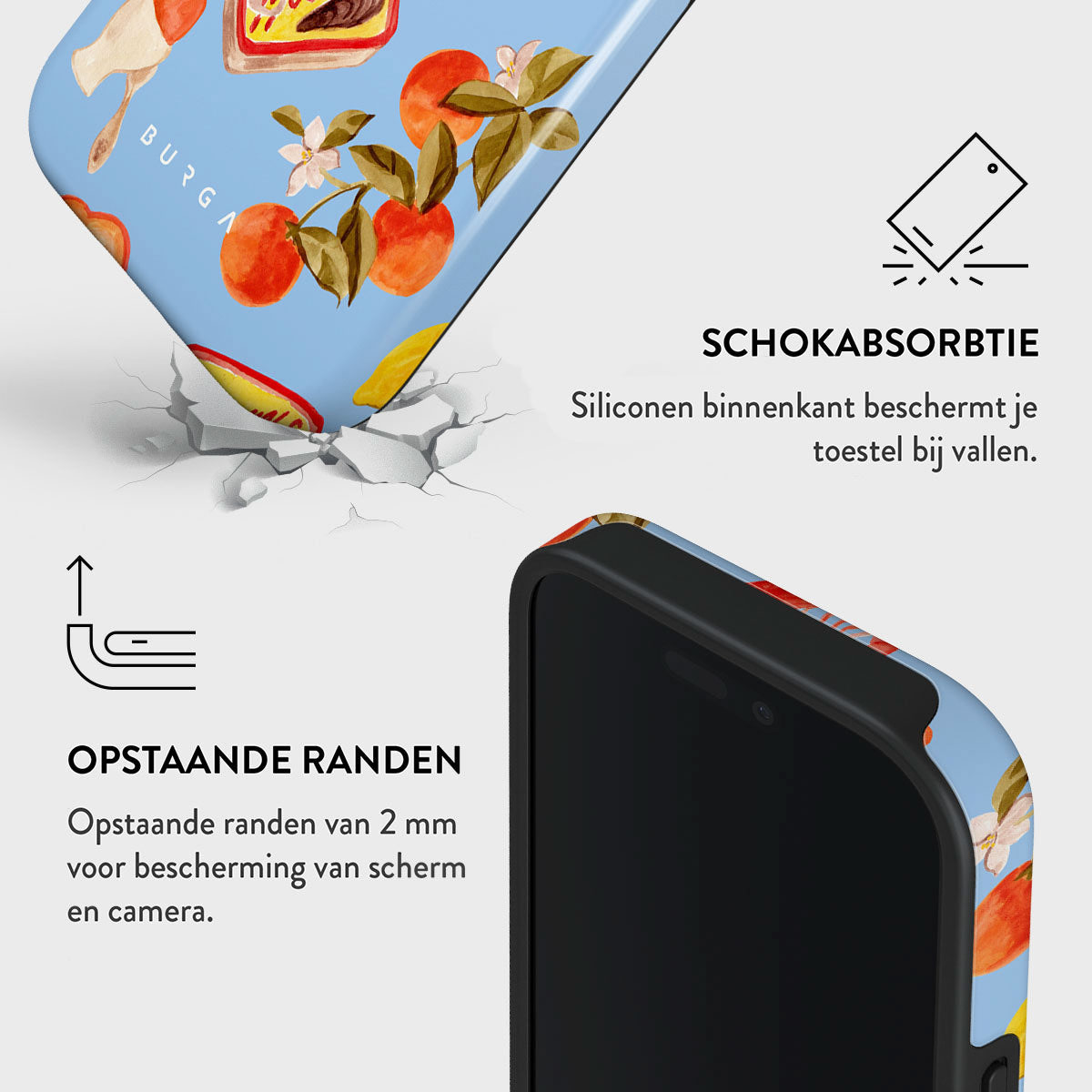 Coque de téléphone avec motif de fruits, surface fissurée et texte : Absorption des chocs et bords surélevés pour protéger l'écran et la caméra.