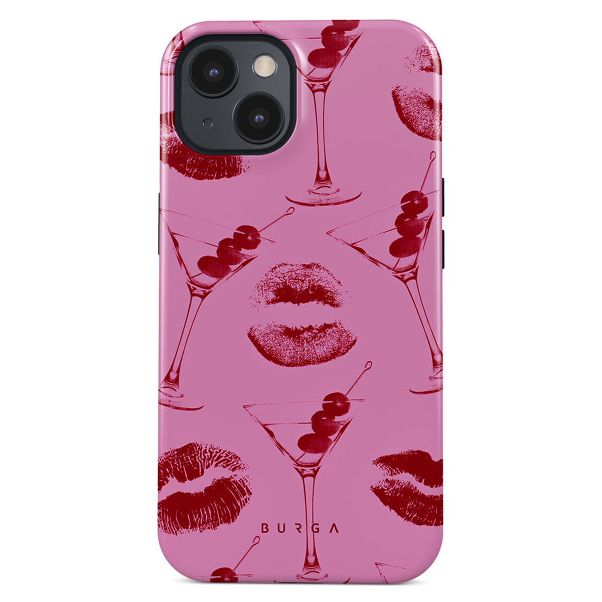 Roze telefoonhoesje met rode martiniglazen en lipstickvlekken. Kersen in glazen. BURGA-logo onderaan.