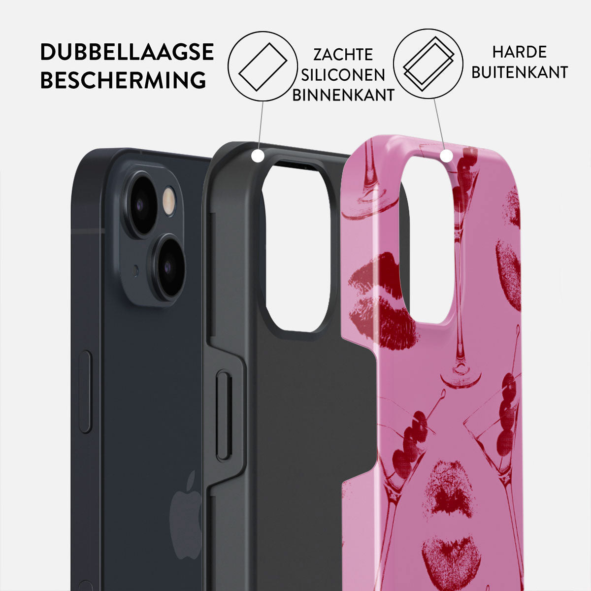 Een telefoonhoesje met drie lagen: een telefoon, een zwarte binnenlaag en een roze buitenlaag met cocktailglazen en lippenstiftvlekken.