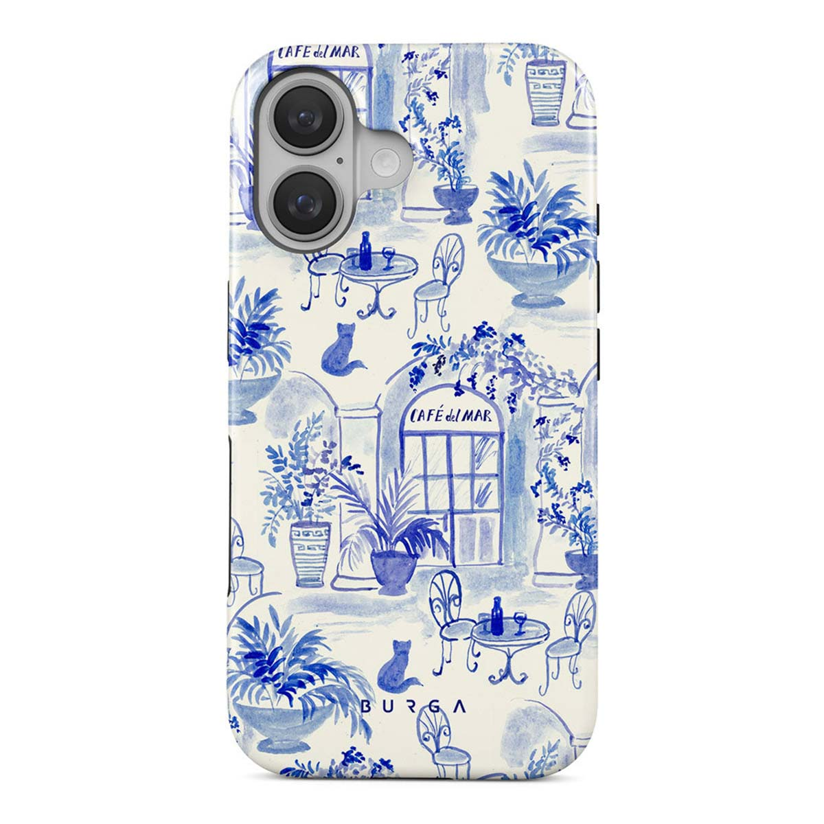 Coque de téléphone avec scène de café à l'aquarelle bleue. Tables, chaises, plantes, chats et texte 'Cafe del Mar' sont visibles.