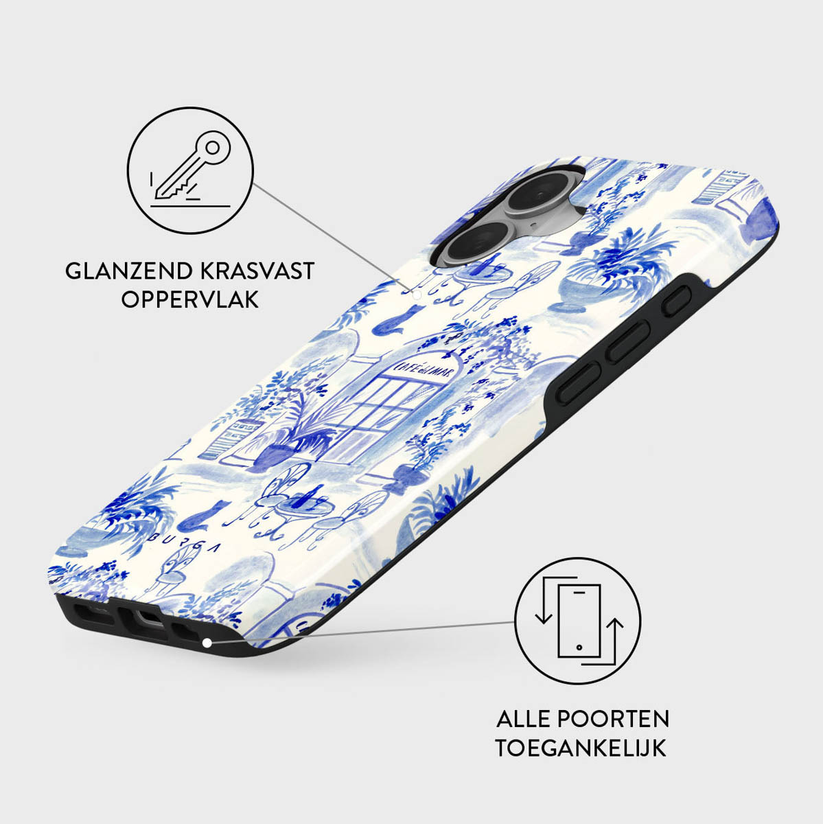 Une coque de téléphone avec un motif aquarelle bleu et blanc. Elle présente une scène de café et possède une surface brillante et résistante aux rayures.