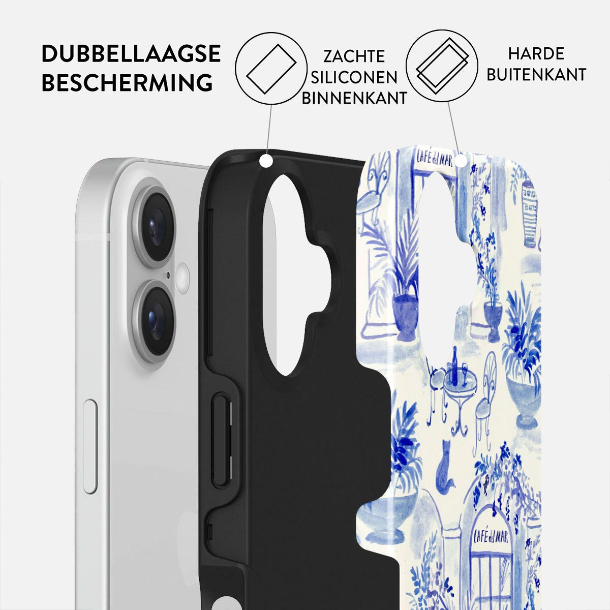 Coque de téléphone avec motif café bleu. Montre les couches : téléphone, silicone souple et couche extérieure dure. Texte en néerlandais.