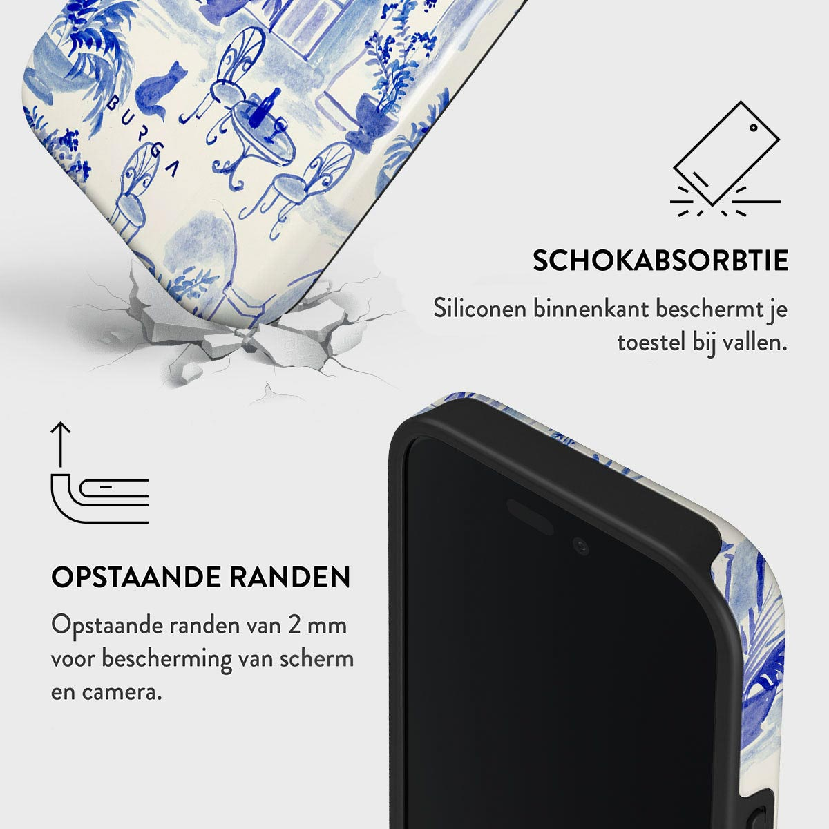 Un étui de téléphone avec un motif bleu et blanc est présenté. Il comporte des bords surélevés et une absorption des chocs. Le texte décrit les caractéristiques.
