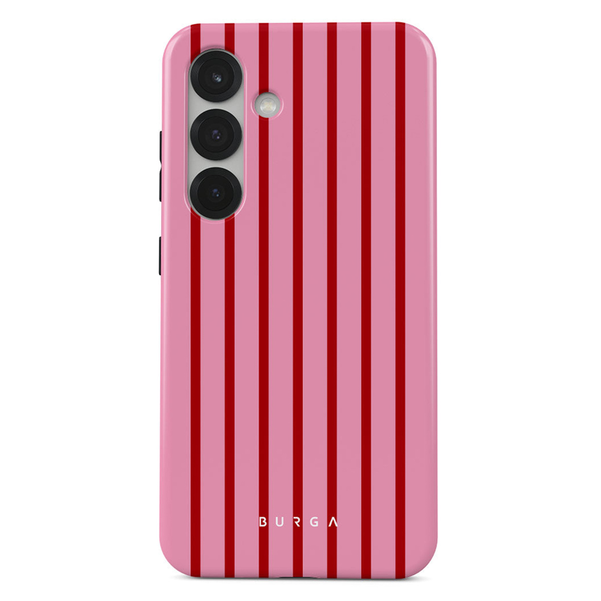 Een roze telefoonhoesje met rode verticale strepen. Het heeft drie cameralenzen en de merknaam BURGA is zichtbaar.
