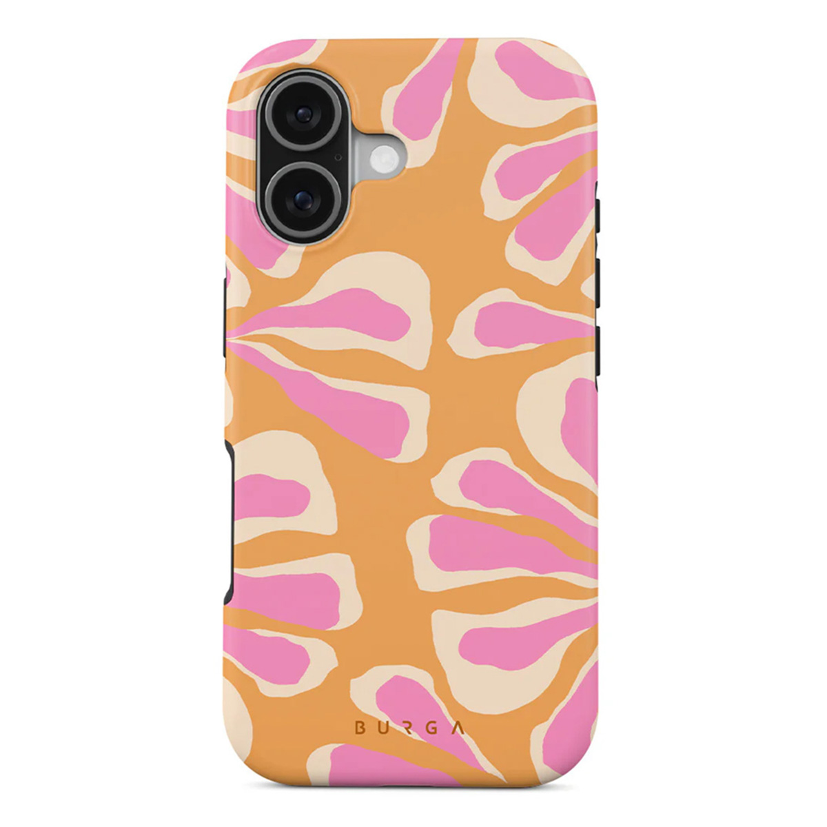 Telefoonhoesje met oranje achtergrond en roze, beige bloemachtige patronen. Zwarte camera en knoppen aan de zijkant. Merknaam 'BURGA' onderaan.