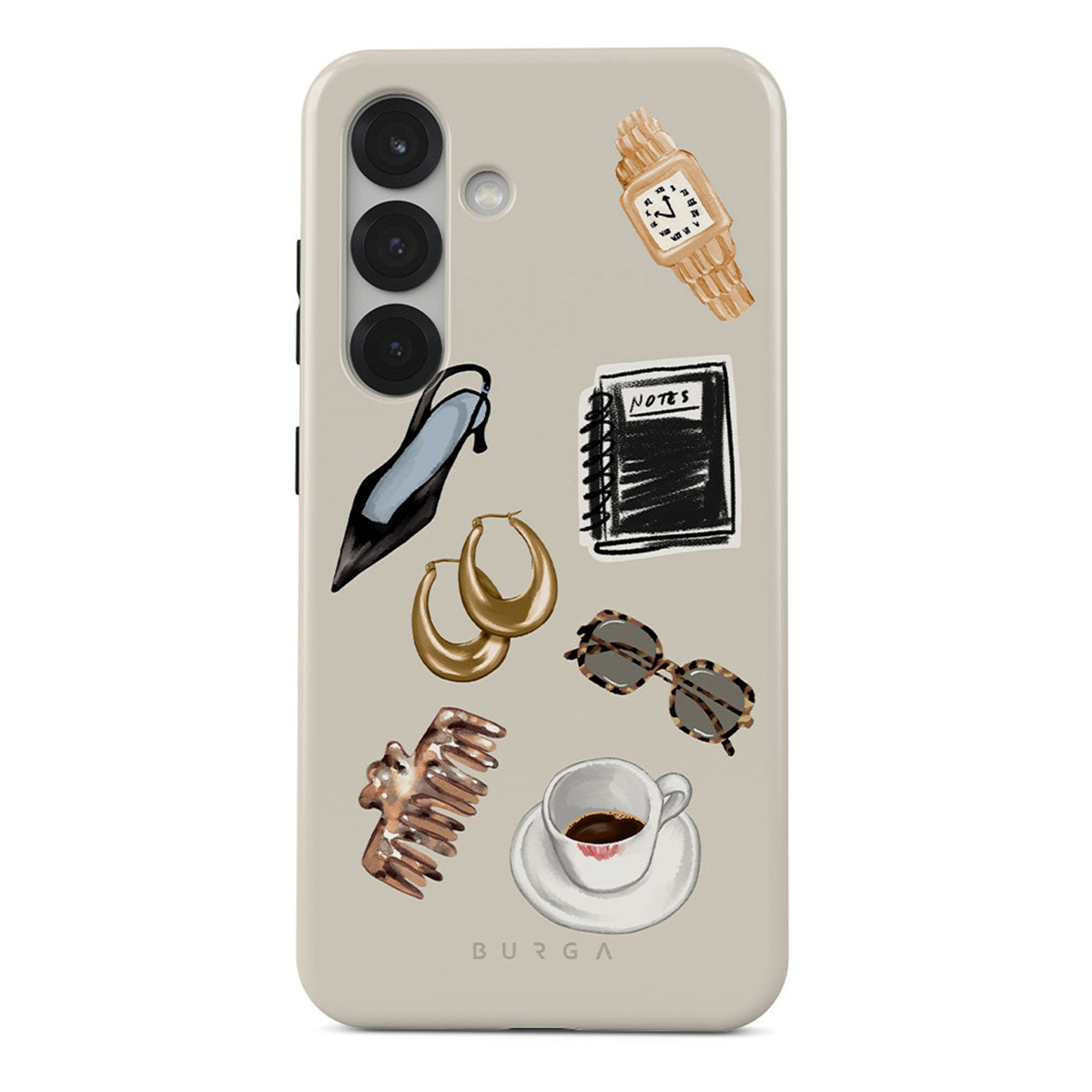 Een telefoonhoesje met illustraties van modeaccessoires: horloge, schoen, oorbellen, notitieboek, zonnebril, kam en koffiekopje.
