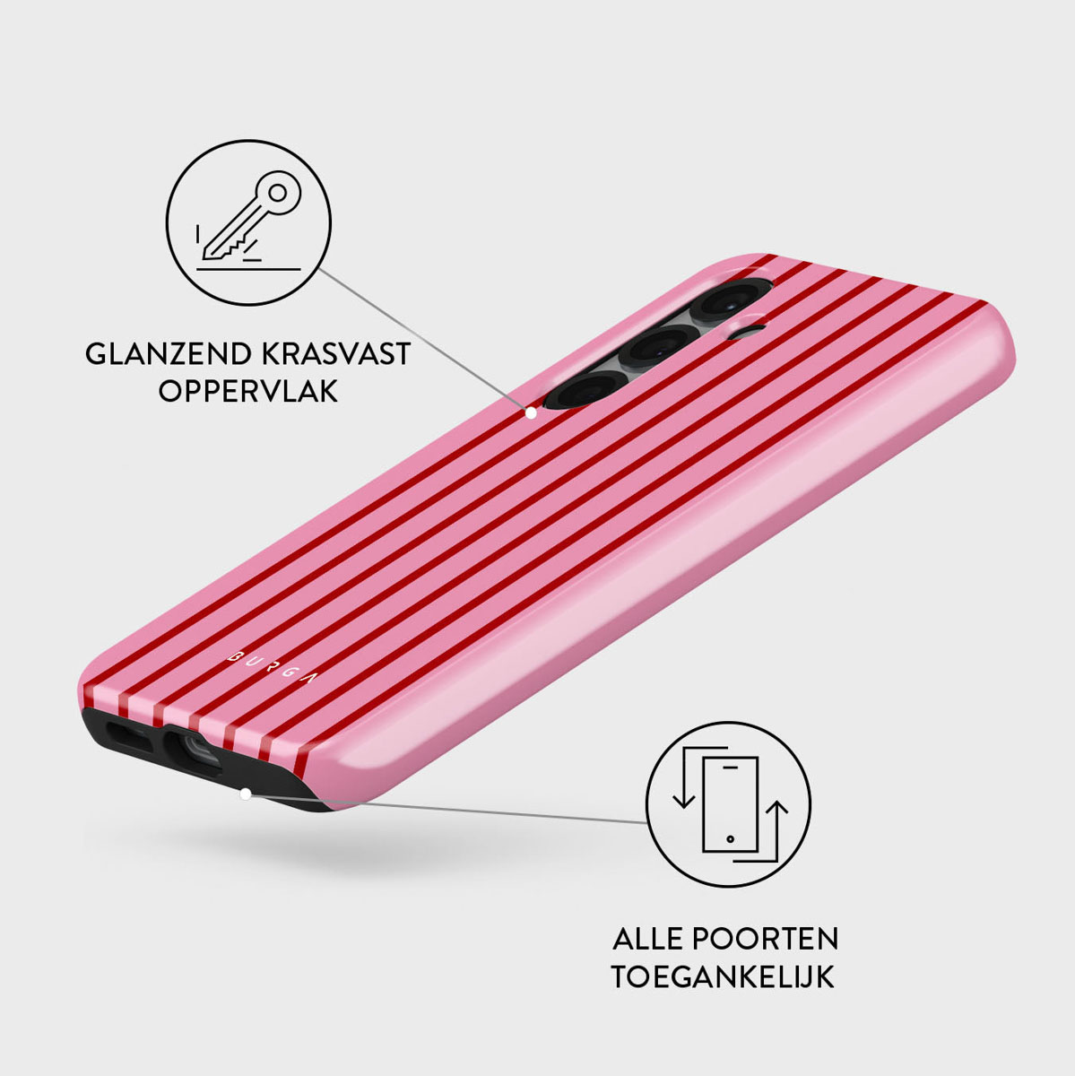 Een roze telefoonhoesje met rode verticale strepen. Het heeft sleutel- en telefooniconen. Tekst in het Nederlands.
