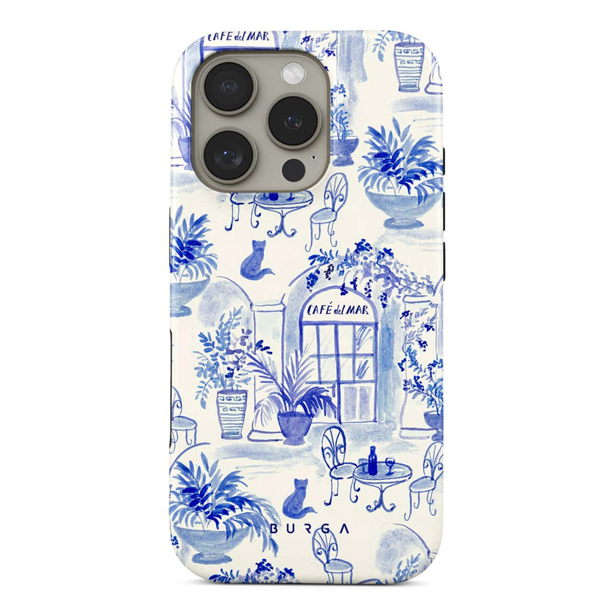 Telefoonhoesje met een blauw aquarelontwerp. Het toont cafés, planten, katten en tafels. "Cafe del Mar" staat op de hoes.